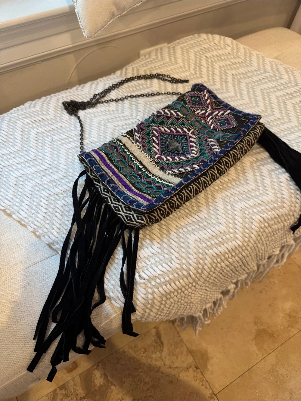 Bohemian Embroidered Fringe Crossbody Bag in Black and Multicolor